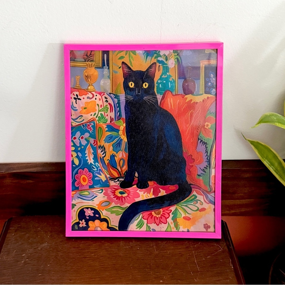 Black Cat Portrait on Bright Floral Moody Couch Canvas Art Print Pink Framed Art